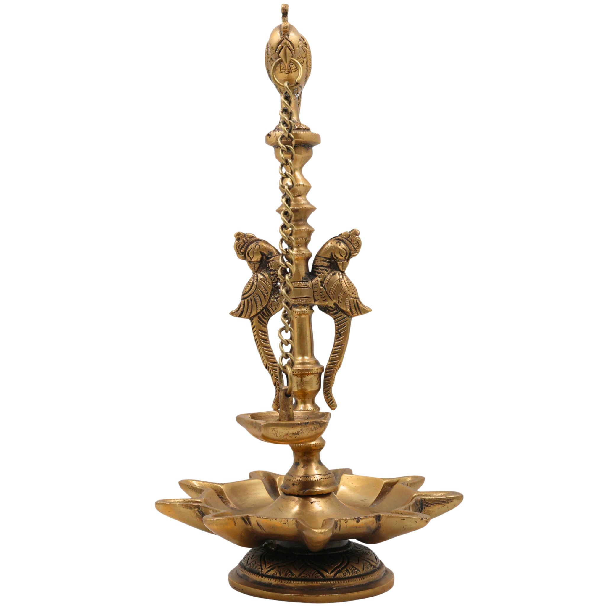 Brass Deepam Kuthu Vilakku Nilavilakku Agal Vilakku Panchadeepam, Traditional Pital Diya Oil Lamp for Pooja Temple Home Décor,Gold, 13 Inch, 1 Piece