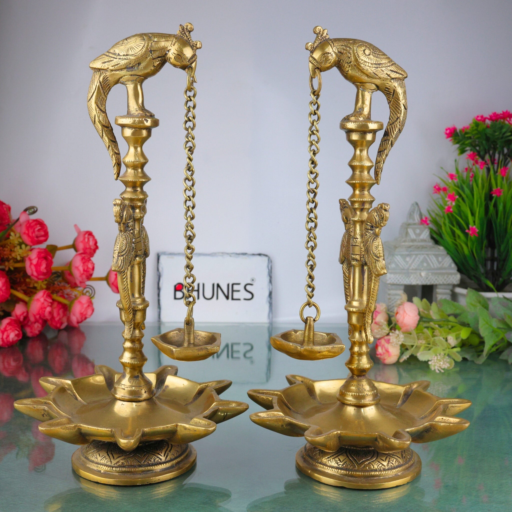 Handcrafted Brass Deepam, Traditional Kuthu Vilakku Nilavilakku Agal Vilakku Panchadeepam, Temple Pooja Lamp, Set Of 2,Gold, 13 Inch, 2 Piece