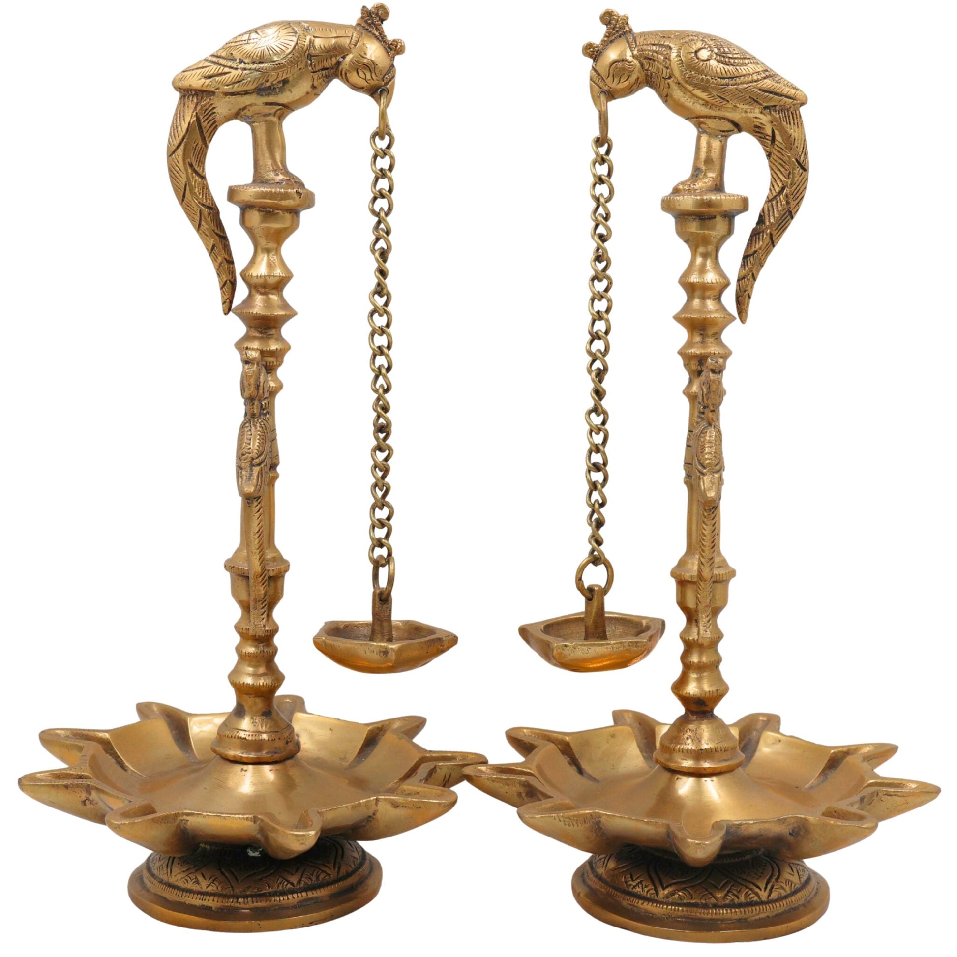 Handcrafted Brass Deepam, Traditional Kuthu Vilakku Nilavilakku Agal Vilakku Panchadeepam, Temple Pooja Lamp, Set Of 2,Gold, 13 Inch, 2 Piece