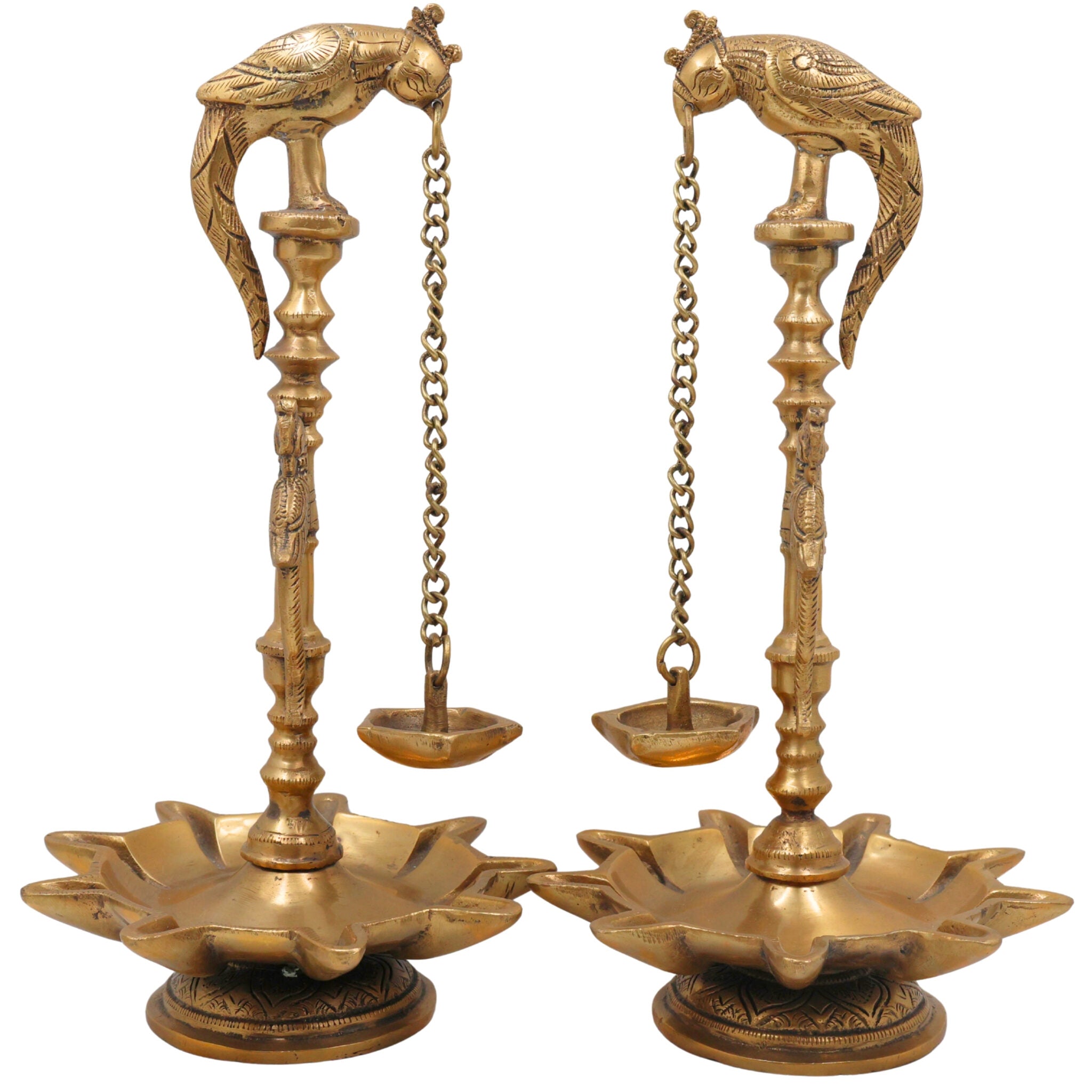 Handcrafted Brass Deepam, Traditional Kuthu Vilakku Nilavilakku Agal Vilakku Panchadeepam, Temple Pooja Lamp, Set Of 2,Gold, 13 Inch, 2 Piece