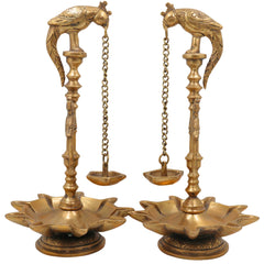 Handcrafted Brass Deepam, Traditional Kuthu Vilakku Nilavilakku Agal Vilakku Panchadeepam, Temple Pooja Lamp, Set Of 2,Gold, 13 Inch, 2 Piece