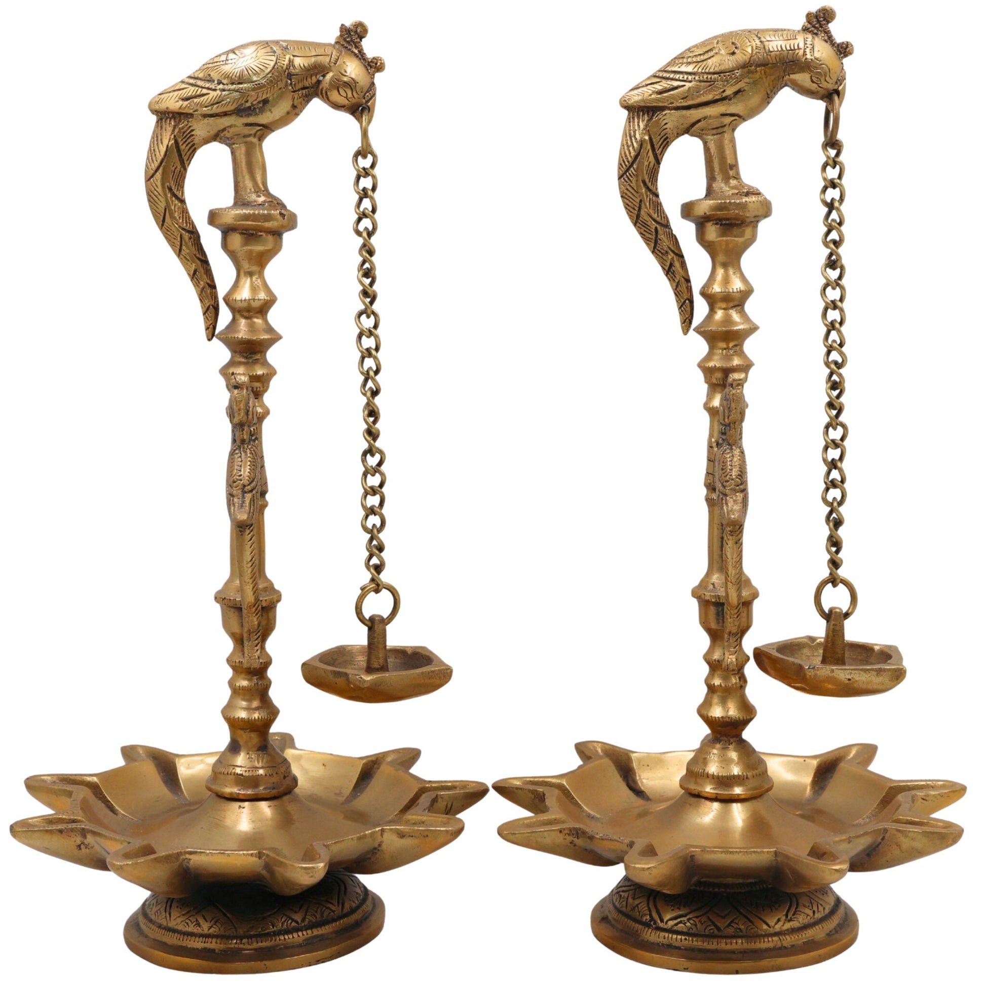 Handcrafted Brass Deepam, Traditional Kuthu Vilakku Nilavilakku Agal Vilakku Panchadeepam, Temple Pooja Lamp, Set Of 2,Gold, 13 Inch, 2 Piece