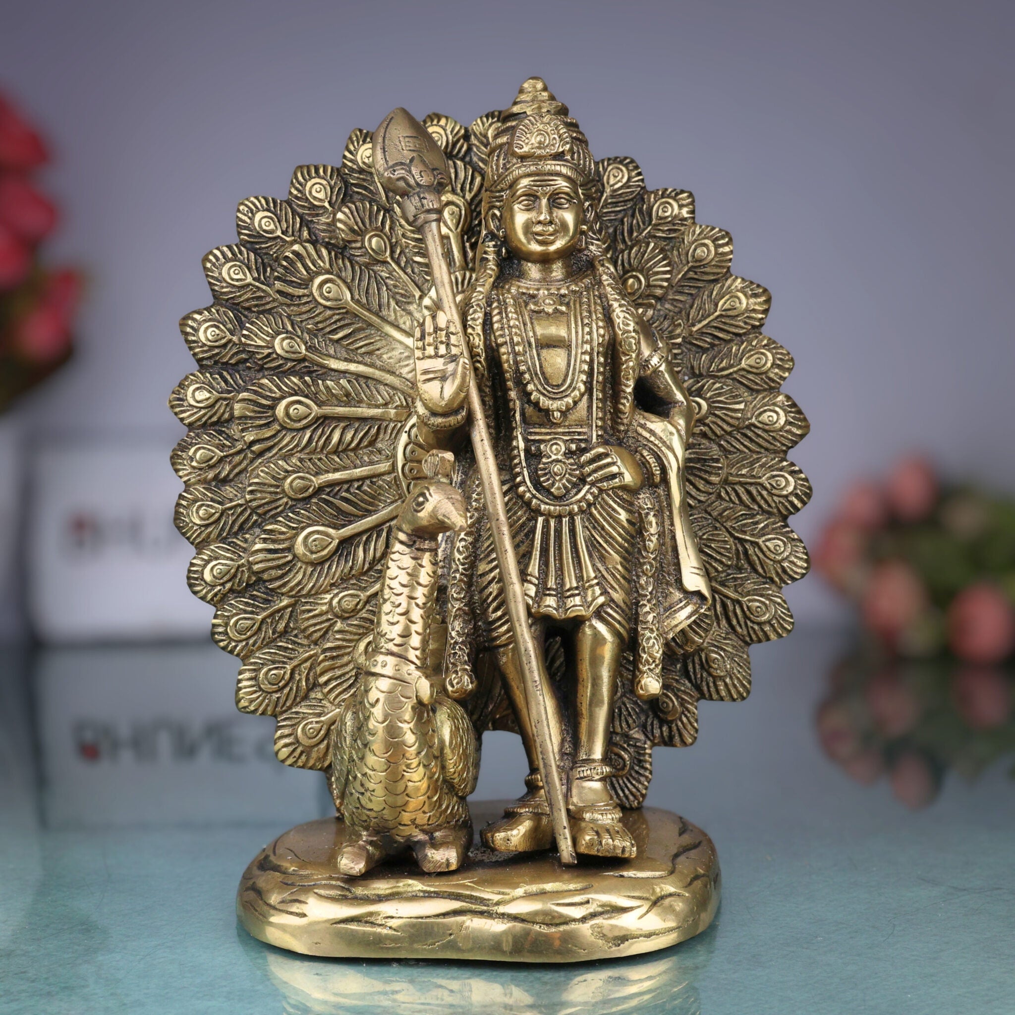 Handcrafted Brass Murugan with Peacock Idol – Lord Kartikeya Skanda Subramanya Shanmukha Kumara Swamy Vel Murugan Pittal Statue for Pooja, Temple & Home Decor,Gold, 9 Inch, 1 Piece