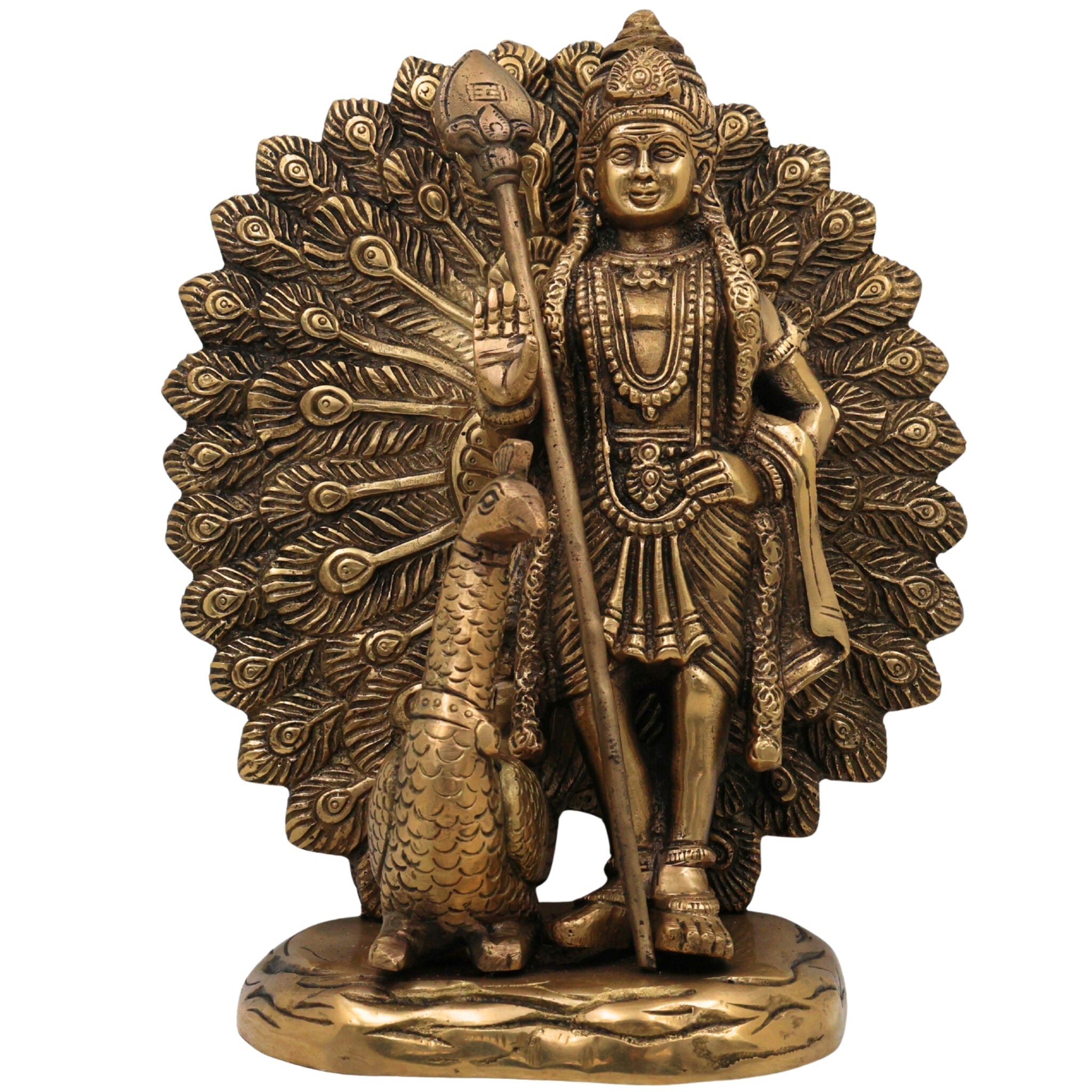 Handcrafted Brass Murugan with Peacock Idol – Lord Kartikeya Skanda Subramanya Shanmukha Kumara Swamy Vel Murugan Pittal Statue for Pooja, Temple & Home Decor,Gold, 9 Inch, 1 Piece