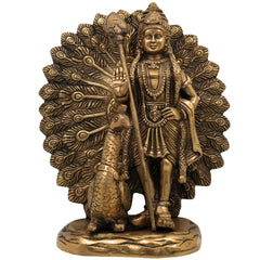 Handcrafted Brass Murugan with Peacock Idol – Lord Kartikeya Skanda Subramanya Shanmukha Kumara Swamy Vel Murugan Pittal Statue for Pooja, Temple & Home Decor,Gold, 9 Inch, 1 Piece