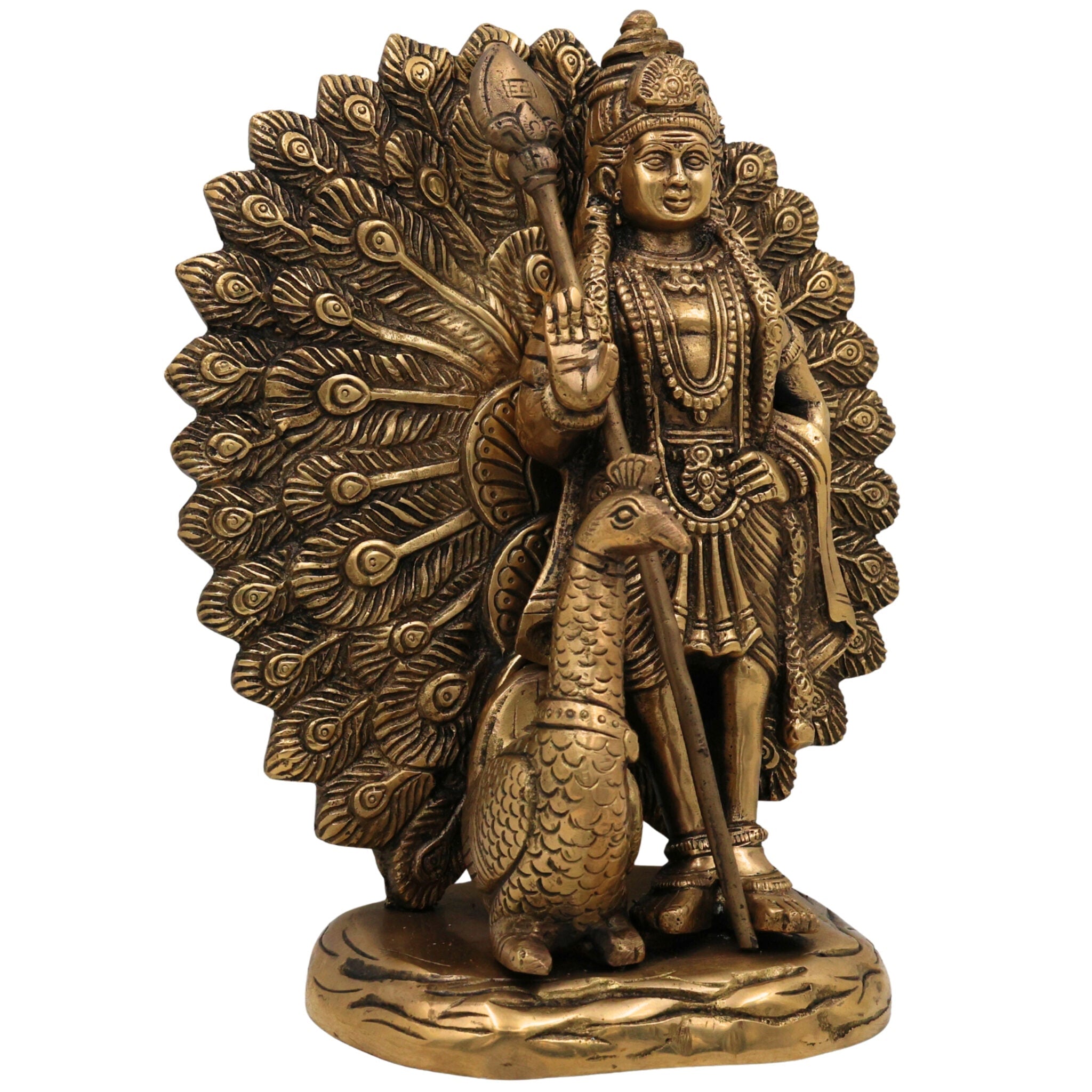 Handcrafted Brass Murugan with Peacock Idol – Lord Kartikeya Skanda Subramanya Shanmukha Kumara Swamy Vel Murugan Pittal Statue for Pooja, Temple & Home Decor,Gold, 9 Inch, 1 Piece