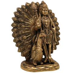 Handcrafted Brass Murugan with Peacock Idol – Lord Kartikeya Skanda Subramanya Shanmukha Kumara Swamy Vel Murugan Pittal Statue for Pooja, Temple & Home Decor,Gold, 9 Inch, 1 Piece