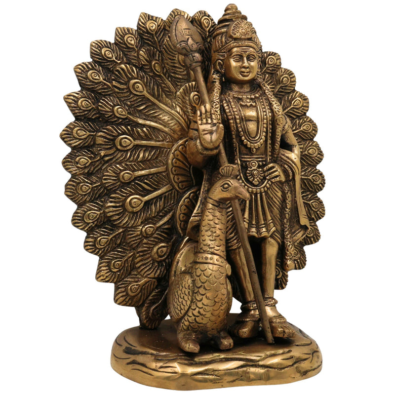 Handcrafted Brass Murugan with Peacock Idol – Lord Kartikeya Skanda Subramanya Shanmukha Kumara Swamy Vel Murugan Pittal Statue for Pooja, Temple & Home Decor,Gold, 9 Inch, 1 Piece