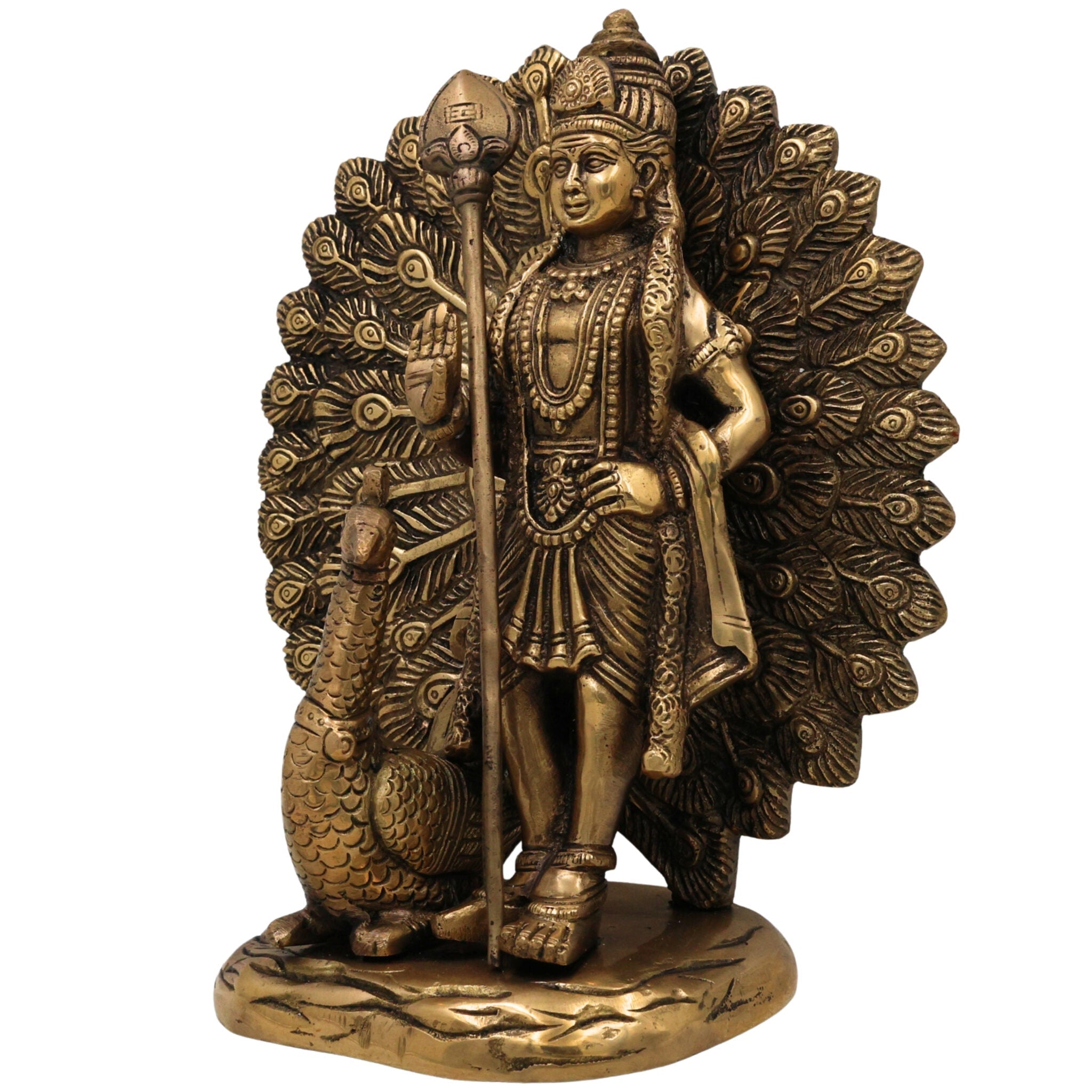 Handcrafted Brass Murugan with Peacock Idol – Lord Kartikeya Skanda Subramanya Shanmukha Kumara Swamy Vel Murugan Pittal Statue for Pooja, Temple & Home Decor,Gold, 9 Inch, 1 Piece