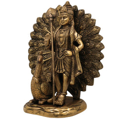 Handcrafted Brass Murugan with Peacock Idol – Lord Kartikeya Skanda Subramanya Shanmukha Kumara Swamy Vel Murugan Pittal Statue for Pooja, Temple & Home Decor,Gold, 9 Inch, 1 Piece