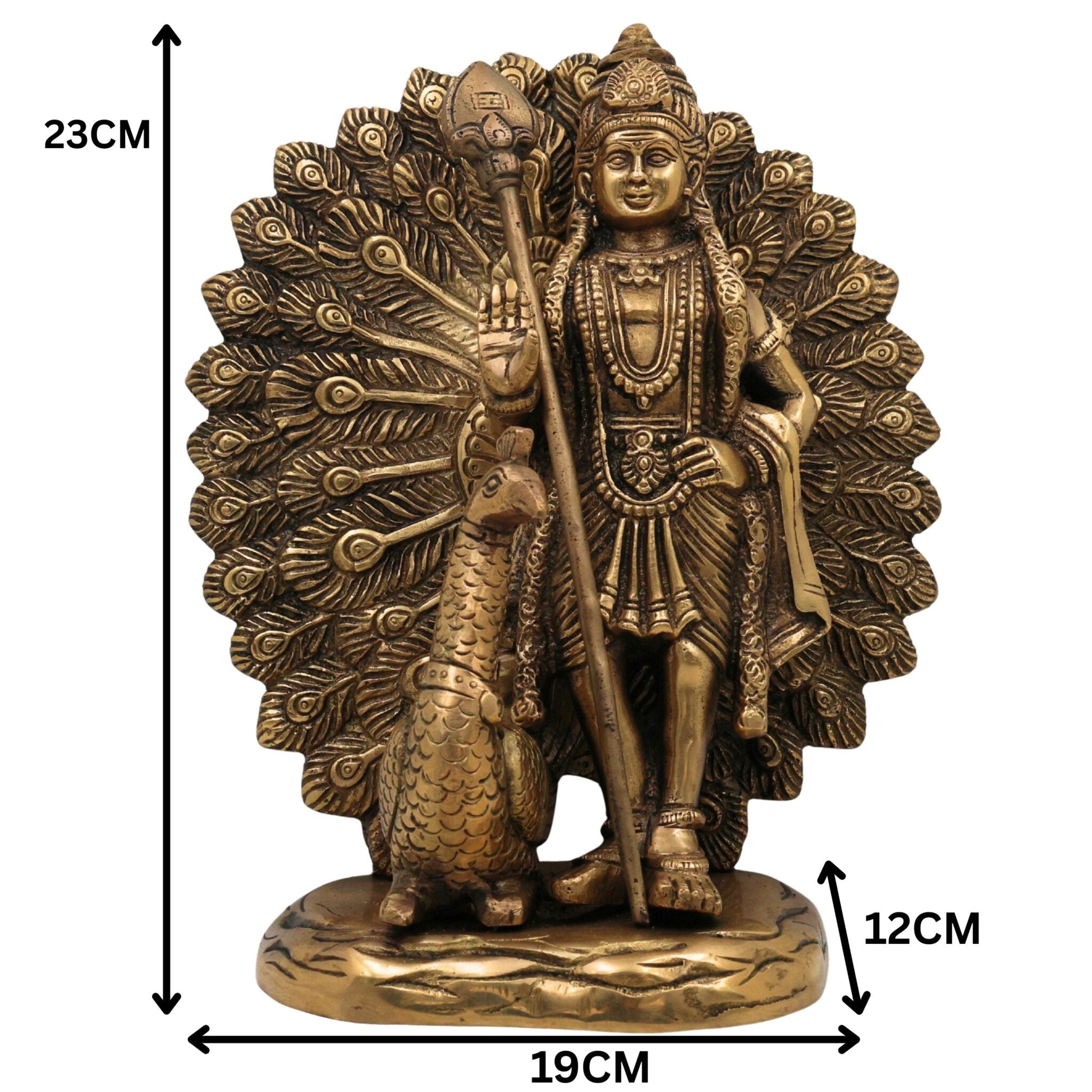 Handcrafted Brass Murugan with Peacock Idol – Lord Kartikeya Skanda Subramanya Shanmukha Kumara Swamy Vel Murugan Pittal Statue for Pooja, Temple & Home Decor,Gold, 9 Inch, 1 Piece