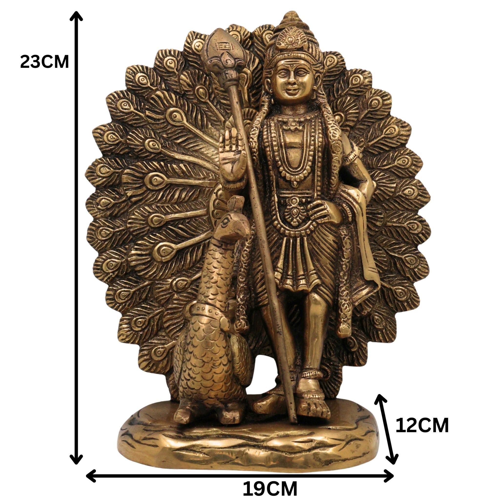 Handcrafted Brass Murugan with Peacock Idol – Lord Kartikeya Skanda Subramanya Shanmukha Kumara Swamy Vel Murugan Pittal Statue for Pooja, Temple & Home Decor,Gold, 9 Inch, 1 Piece