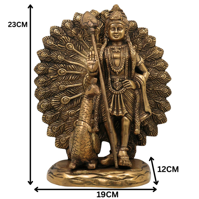 Handcrafted Brass Murugan with Peacock Idol – Lord Kartikeya Skanda Subramanya Shanmukha Kumara Swamy Vel Murugan Pittal Statue for Pooja, Temple & Home Decor,Gold, 9 Inch, 1 Piece