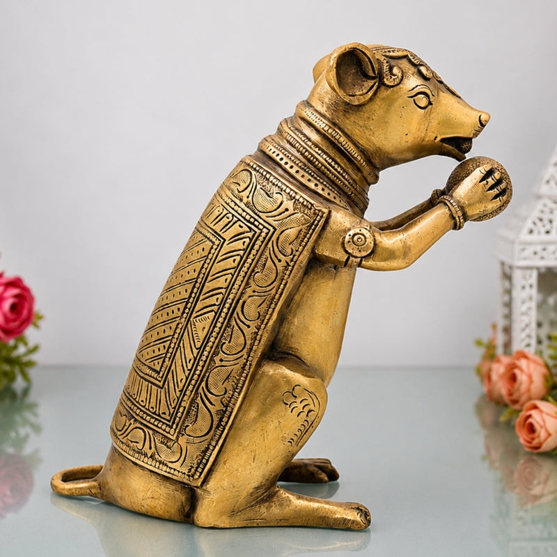 Brass Rat Idol, Mushak Murti, Mooshak Pittal Figurine, Chuha Statue for Home, Temple, Puja & Gifting,Gold, 9 Inch, 1 Piece