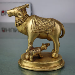 Brass Kamadhenu Idol, Surabhi Cow Murti, Divine Gomata Sculpture for Home, Temple, Puja & Office Decor,Gold, 4 Inch, 1 Piece