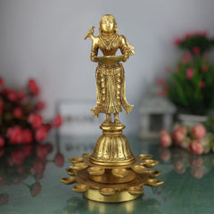 Brass Diya Lady Deepalakshmi, Deepa Lakshmi Idol, Kuthu Vilakku Lakshmi Statue, Pital Deepam Devi Murti,Gold, 11 Inch, 1 Piece