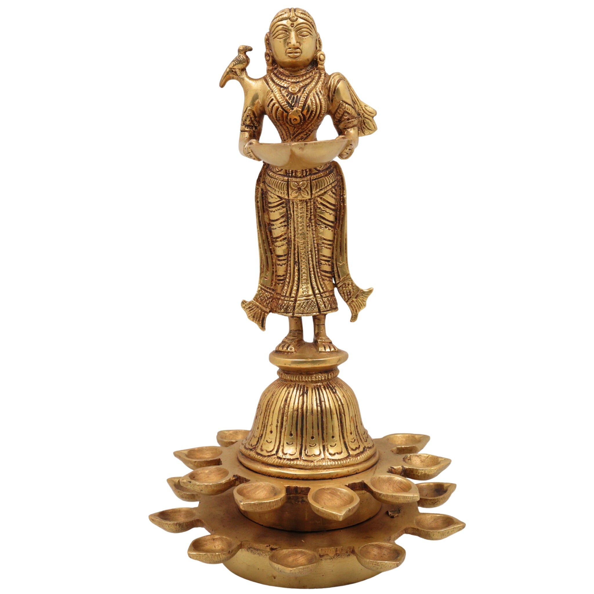 Brass Diya Lady Deepalakshmi, Deepa Lakshmi Idol, Kuthu Vilakku Lakshmi Statue, Pital Deepam Devi Murti,Gold, 11 Inch, 1 Piece