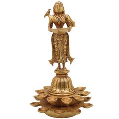 Brass Diya Lady Deepalakshmi, Deepa Lakshmi Idol, Kuthu Vilakku Lakshmi Statue, Pital Deepam Devi Murti,Gold, 11 Inch, 1 Piece