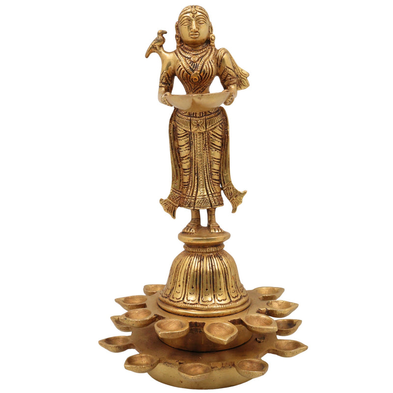 Brass Diya Lady Deepalakshmi, Deepa Lakshmi Idol, Kuthu Vilakku Lakshmi Statue, Pital Deepam Devi Murti,Gold, 11 Inch, 1 Piece