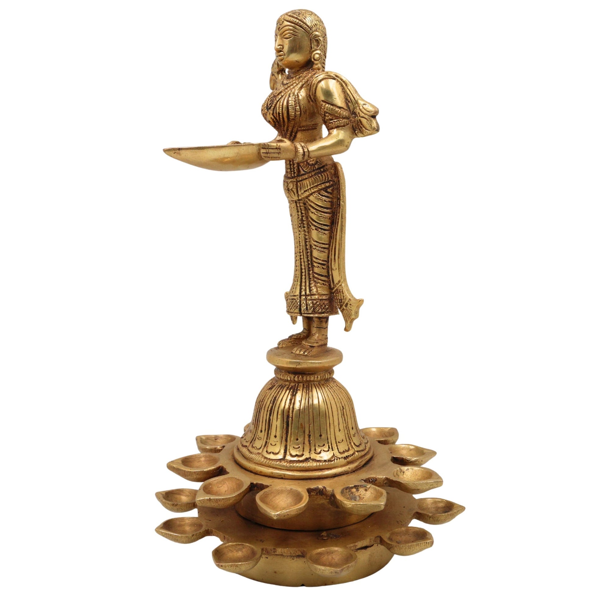 Brass Diya Lady Deepalakshmi, Deepa Lakshmi Idol, Kuthu Vilakku Lakshmi Statue, Pital Deepam Devi Murti,Gold, 11 Inch, 1 Piece