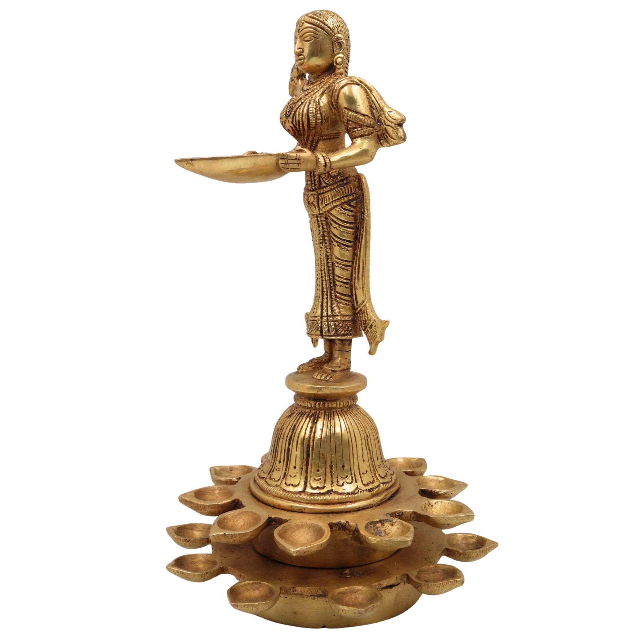 Brass Diya Lady Deepalakshmi, Deepa Lakshmi Idol, Kuthu Vilakku Lakshmi Statue, Pital Deepam Devi Murti,Gold, 11 Inch, 1 Piece