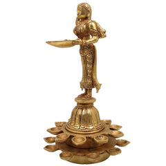 Brass Diya Lady Deepalakshmi, Deepa Lakshmi Idol, Kuthu Vilakku Lakshmi Statue, Pital Deepam Devi Murti,Gold, 11 Inch, 1 Piece