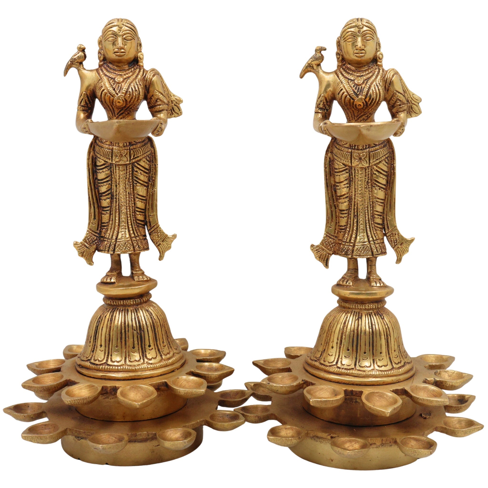 Brass Diya Lady Deepalakshmi Idol, Deepa Lakshmi Statue, Kuthu Vilakku Lady, Pital Deepam Lakshmi Set Of 2,Gold, 11 Inch, 2Piece