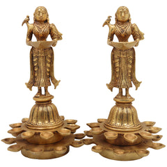 Brass Diya Lady Deepalakshmi Idol, Deepa Lakshmi Statue, Kuthu Vilakku Lady, Pital Deepam Lakshmi Set Of 2,Gold, 11 Inch, 2Piece