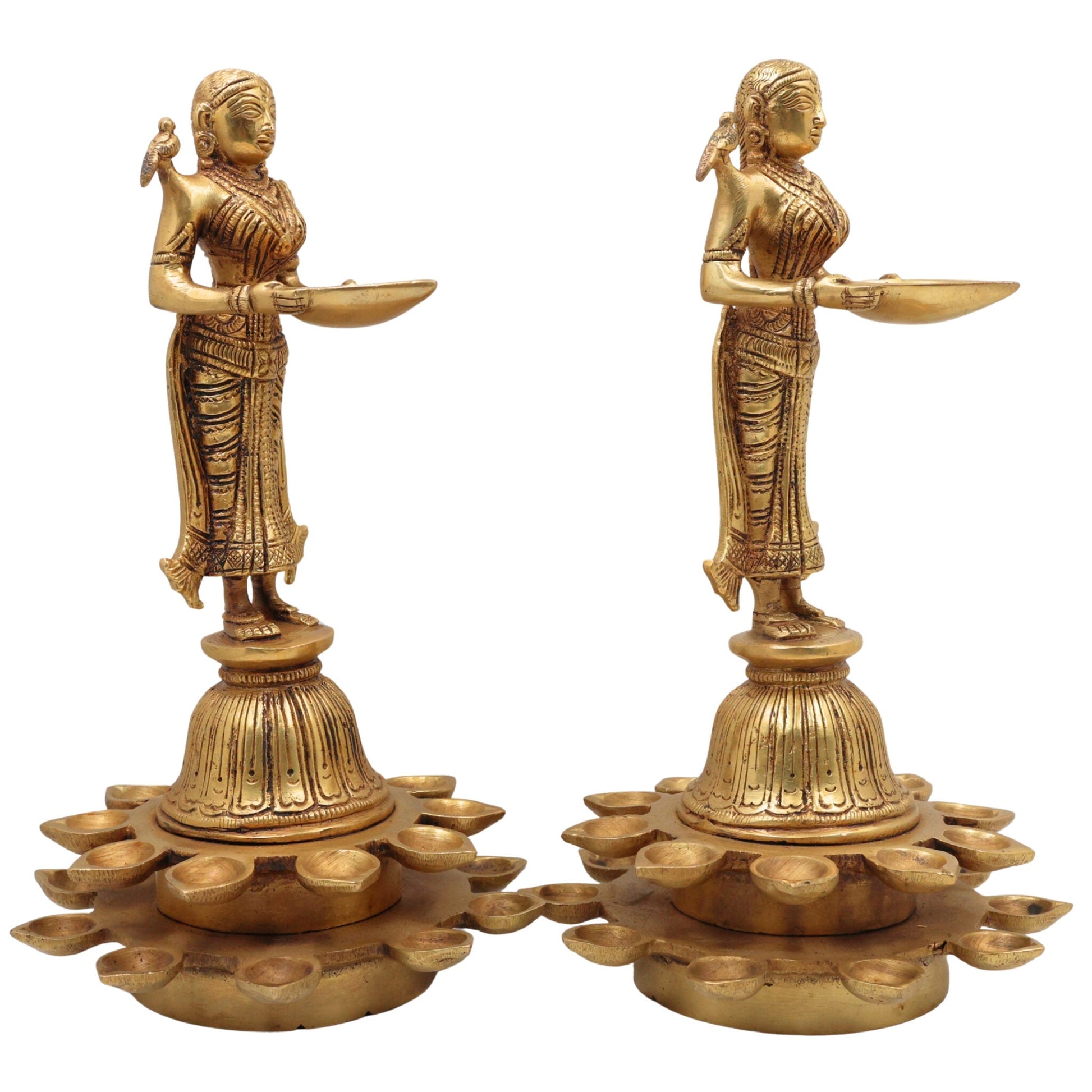 Brass Diya Lady Deepalakshmi Idol, Deepa Lakshmi Statue, Kuthu Vilakku Lady, Pital Deepam Lakshmi Set Of 2,Gold, 11 Inch, 2Piece