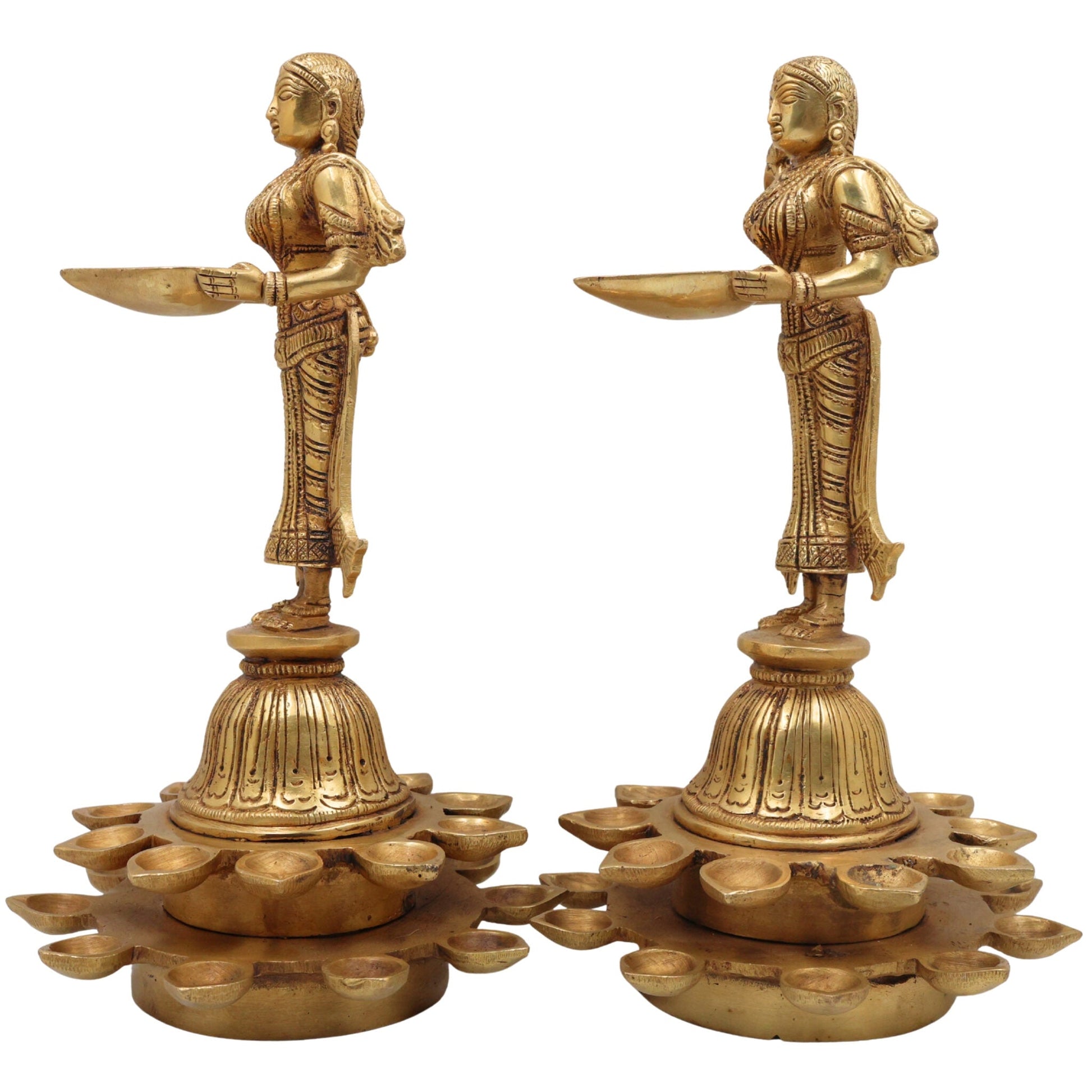 Brass Diya Lady Deepalakshmi Idol, Deepa Lakshmi Statue, Kuthu Vilakku Lady, Pital Deepam Lakshmi Set Of 2,Gold, 11 Inch, 2Piece