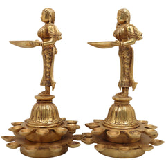 Brass Diya Lady Deepalakshmi Idol, Deepa Lakshmi Statue, Kuthu Vilakku Lady, Pital Deepam Lakshmi Set Of 2,Gold, 11 Inch, 2Piece