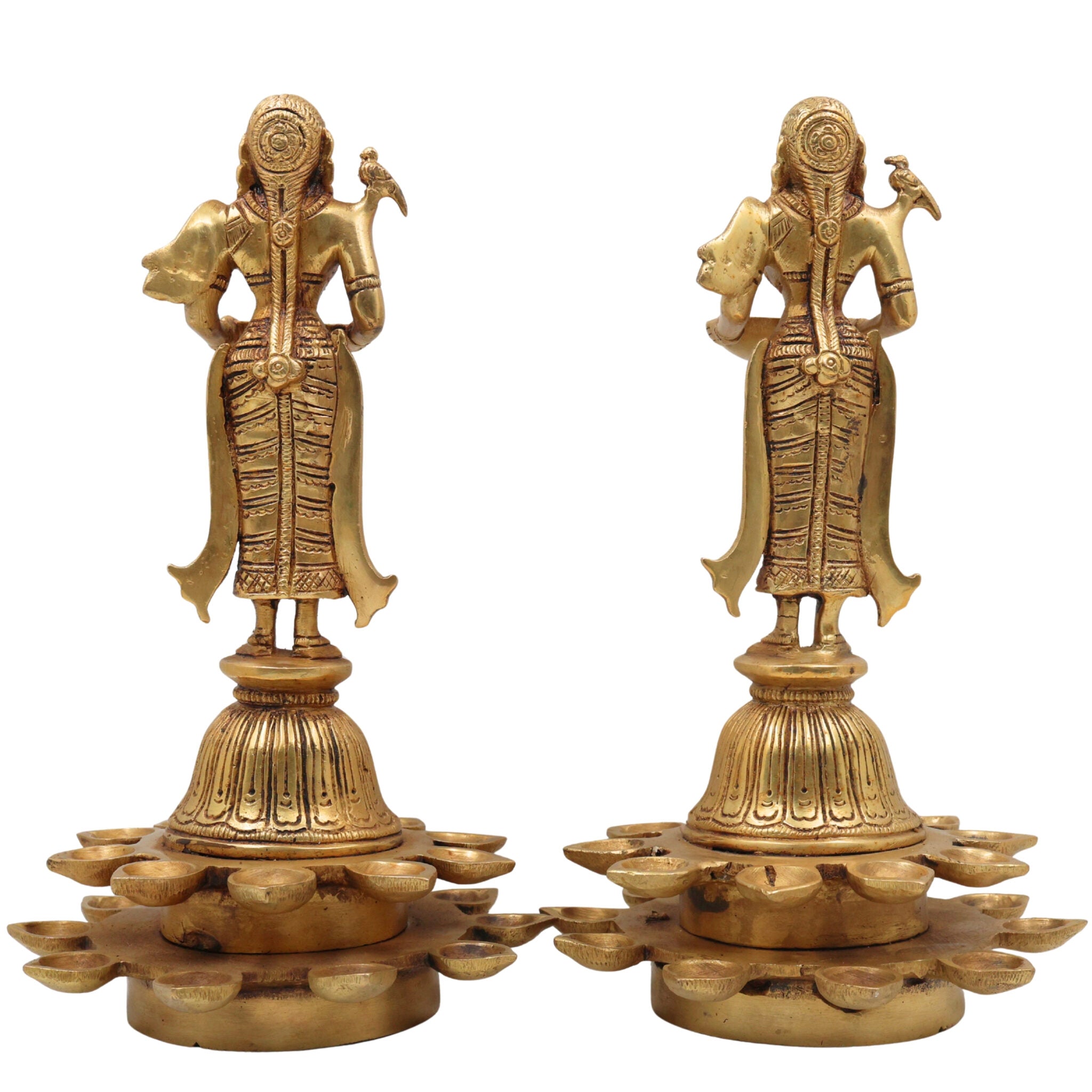 Brass Diya Lady Deepalakshmi Idol, Deepa Lakshmi Statue, Kuthu Vilakku Lady, Pital Deepam Lakshmi Set Of 2,Gold, 11 Inch, 2Piece