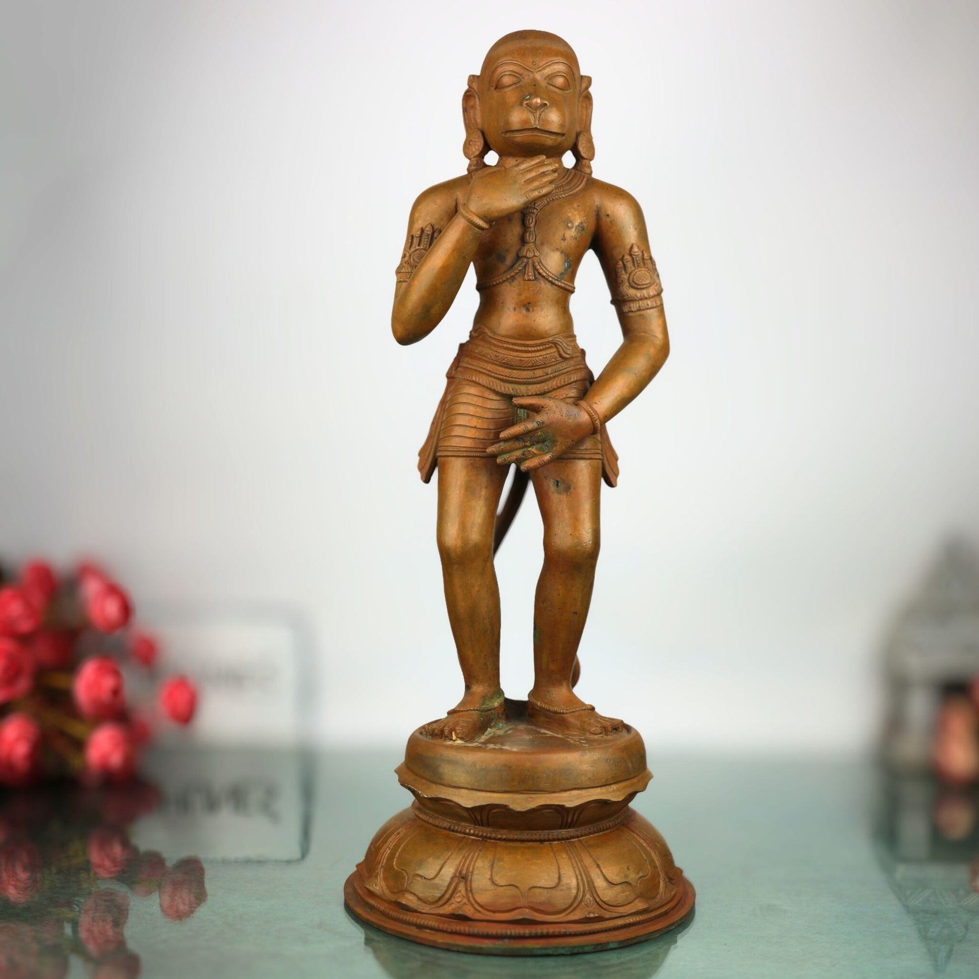 Handmade Panchaloha Hanuman Idol – South Indian Pandya Style Bronze Anjaneya Murti | Bajrang Bali Veer Maruti Statue for Pooja & Temple, Brown, 19.5 Inch, 1 Piece