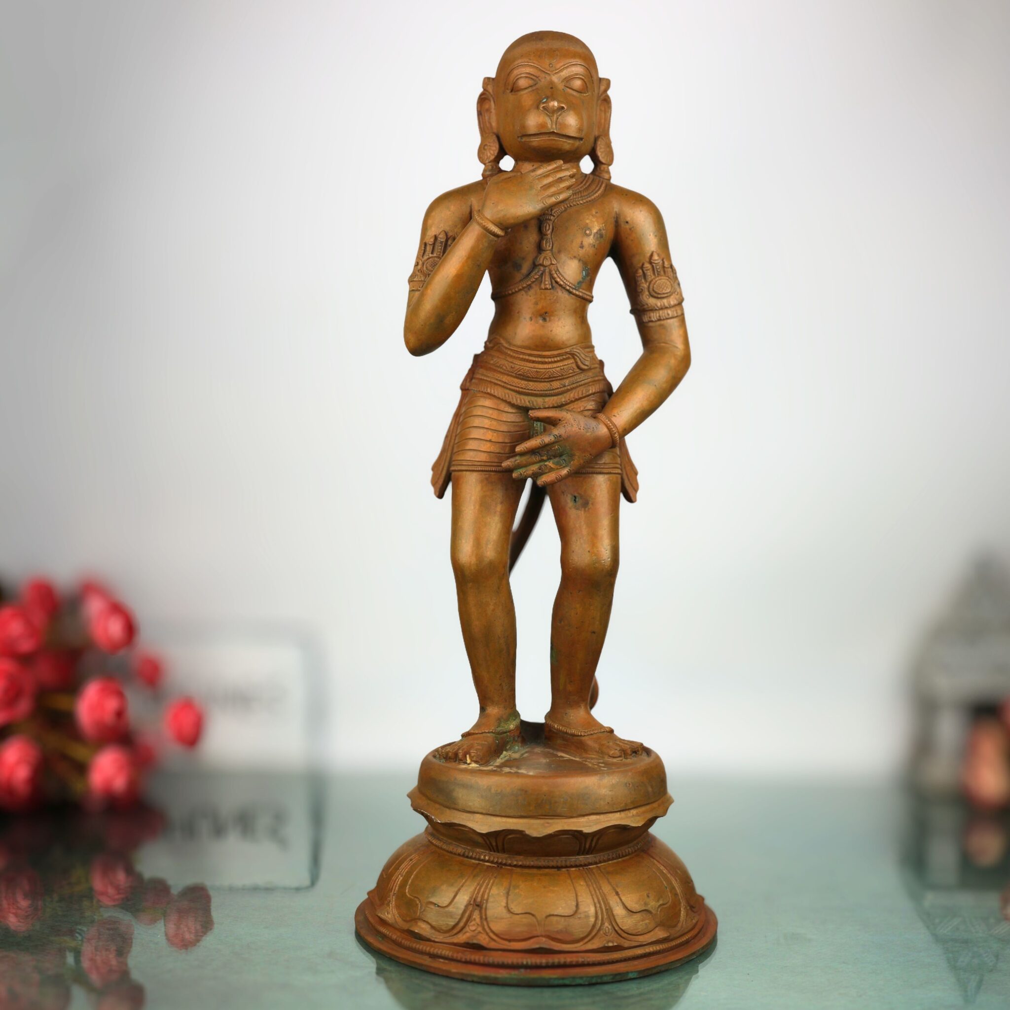 Handmade Panchaloha Hanuman Idol – South Indian Pandya Style Bronze Anjaneya Murti | Bajrang Bali Veer Maruti Statue for Pooja & Temple, Brown, 19.5 Inch, 1 Piece