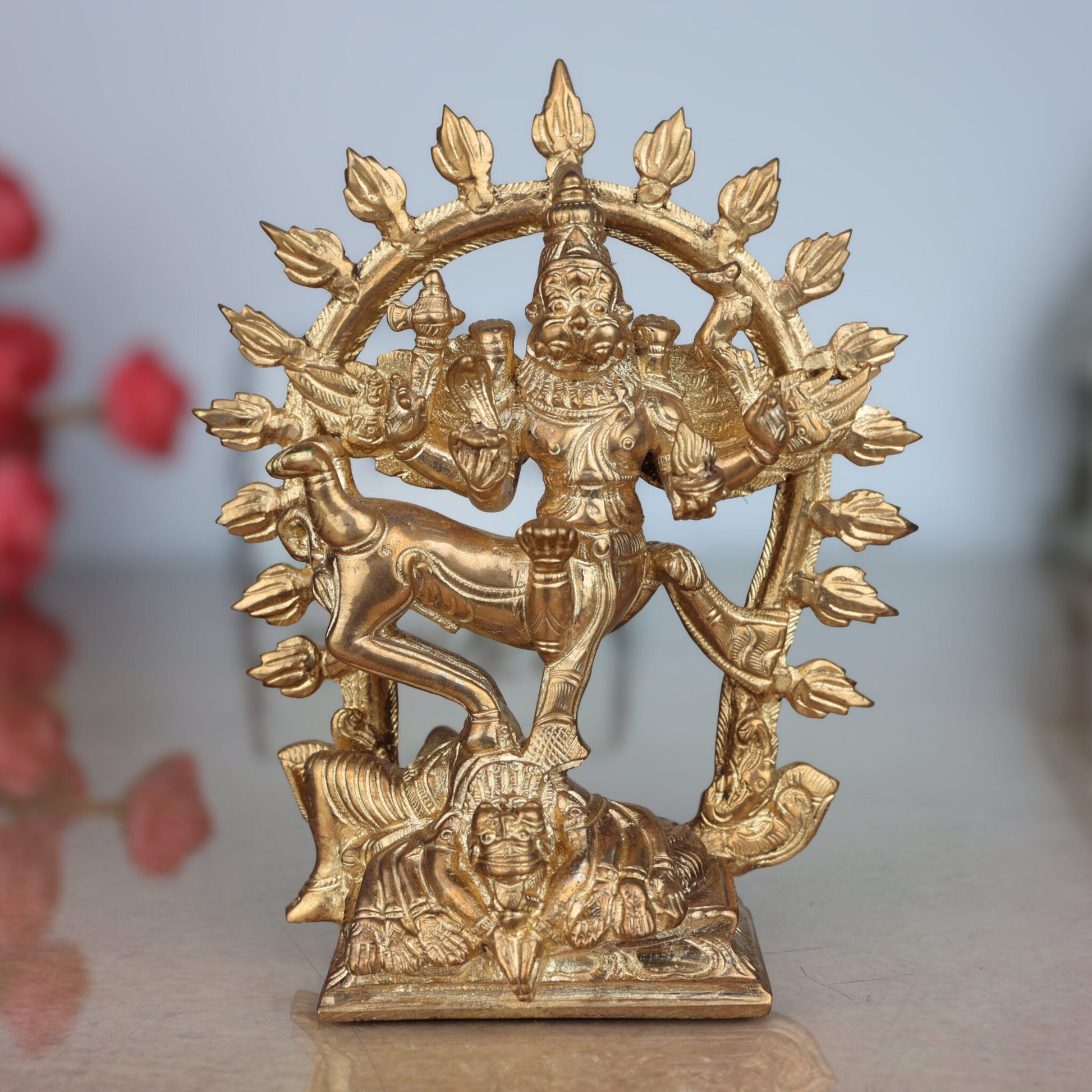 Handcrafted Bronze Lord Sharabha Idol | Sharabeshwara Murti | Panchaloha Sharabheshwaramurti | Chola Art South India Statue,Gold, 6 Inch, 1 Piece