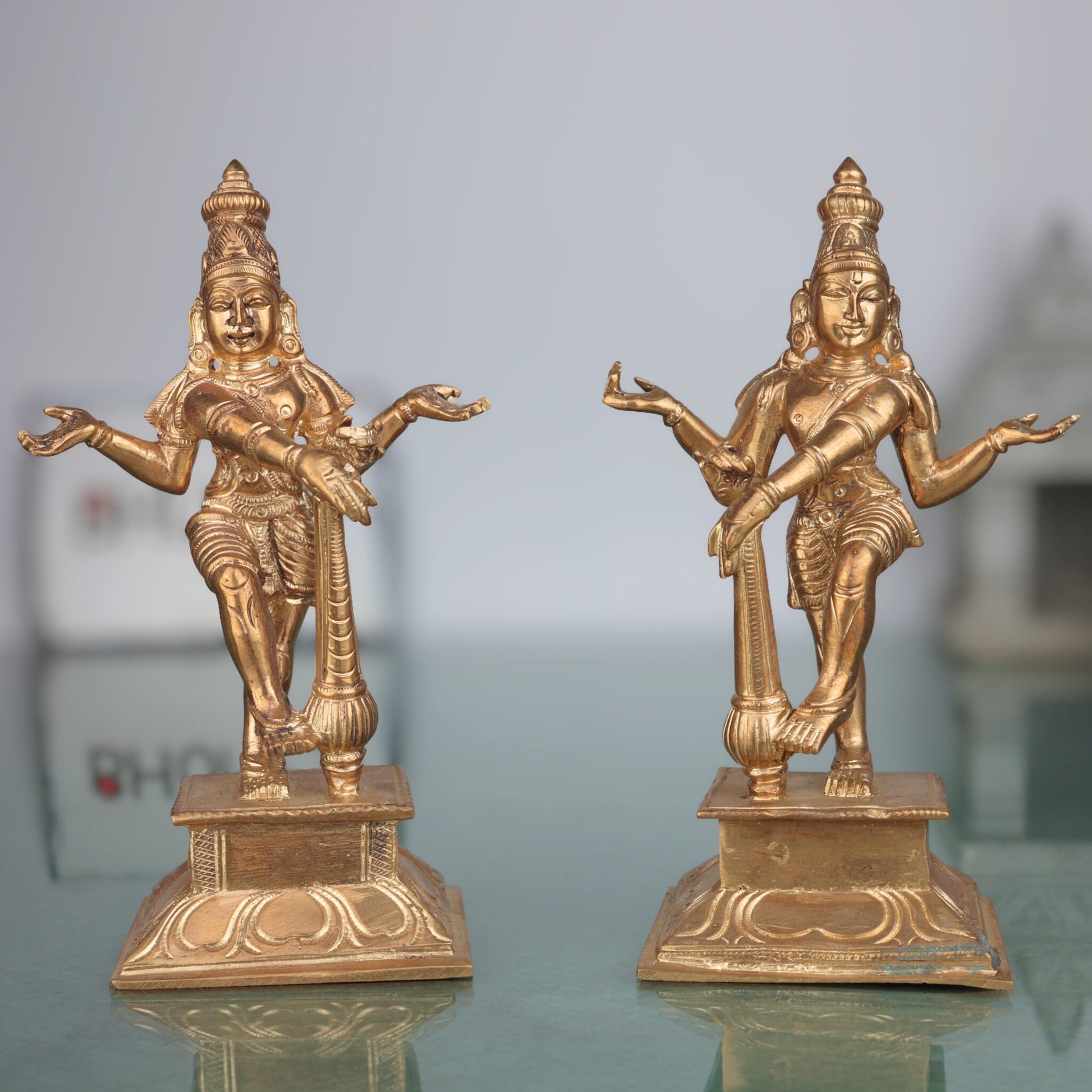 Handcrafted Bronze Panchaloha Jaya Vijaya Idols, Temple Dwarapal Guardians, Chola Art Decorative Panchadhatu Statue, South India Bronze Sculpture,Gold, 6.5 Inch, 1 Piece