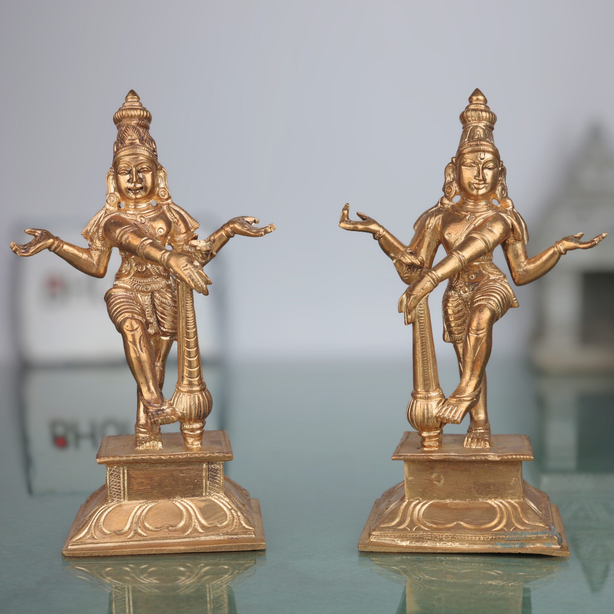 Handcrafted Bronze Panchaloha Jaya Vijaya Idols, Temple Dwarapal Guardians, Chola Art Decorative Panchadhatu Statue, South India Bronze Sculpture,Gold, 6.5 Inch, 1 Piece