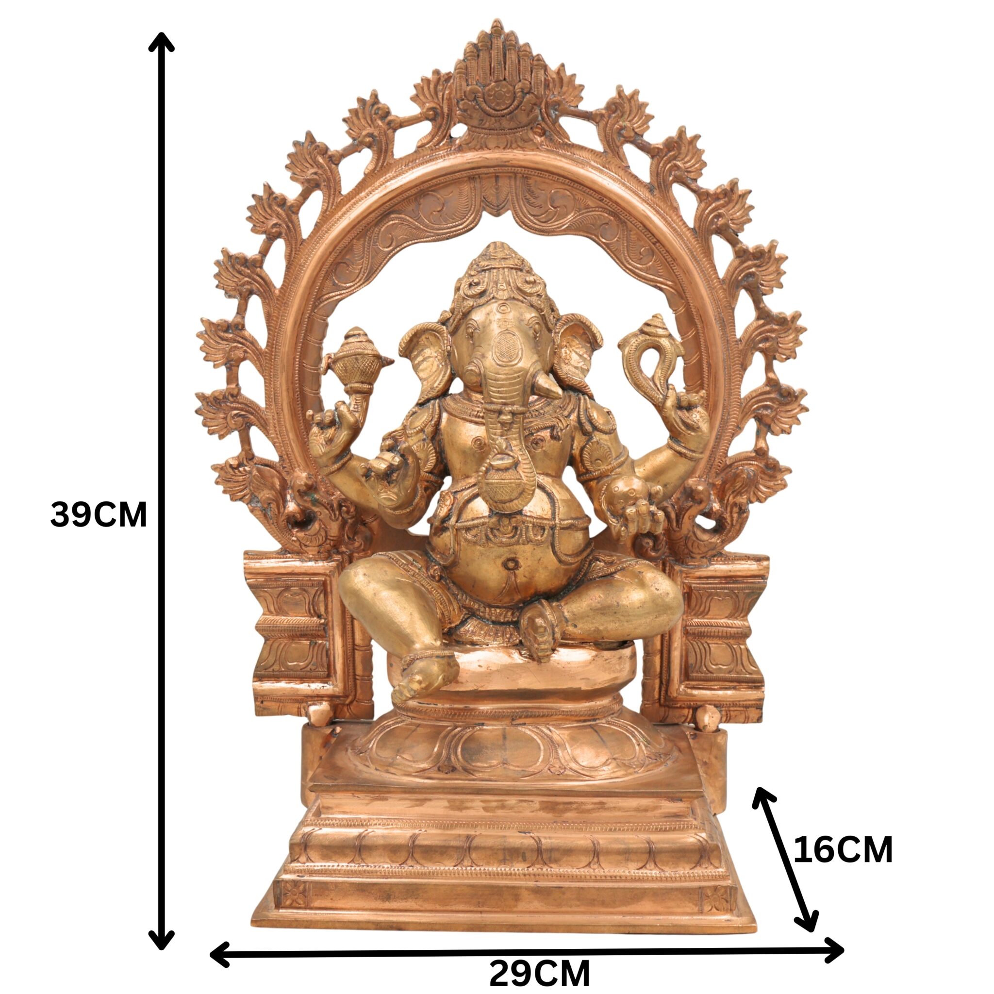 Handmade Bronze Ganesha Idol, Panchaloha Ganapati Vinayaka Murti, Vighnaharta Siddhivinayak Statue for Home & Temple Decor,Gold, 15.5 Inch, 1 Piece