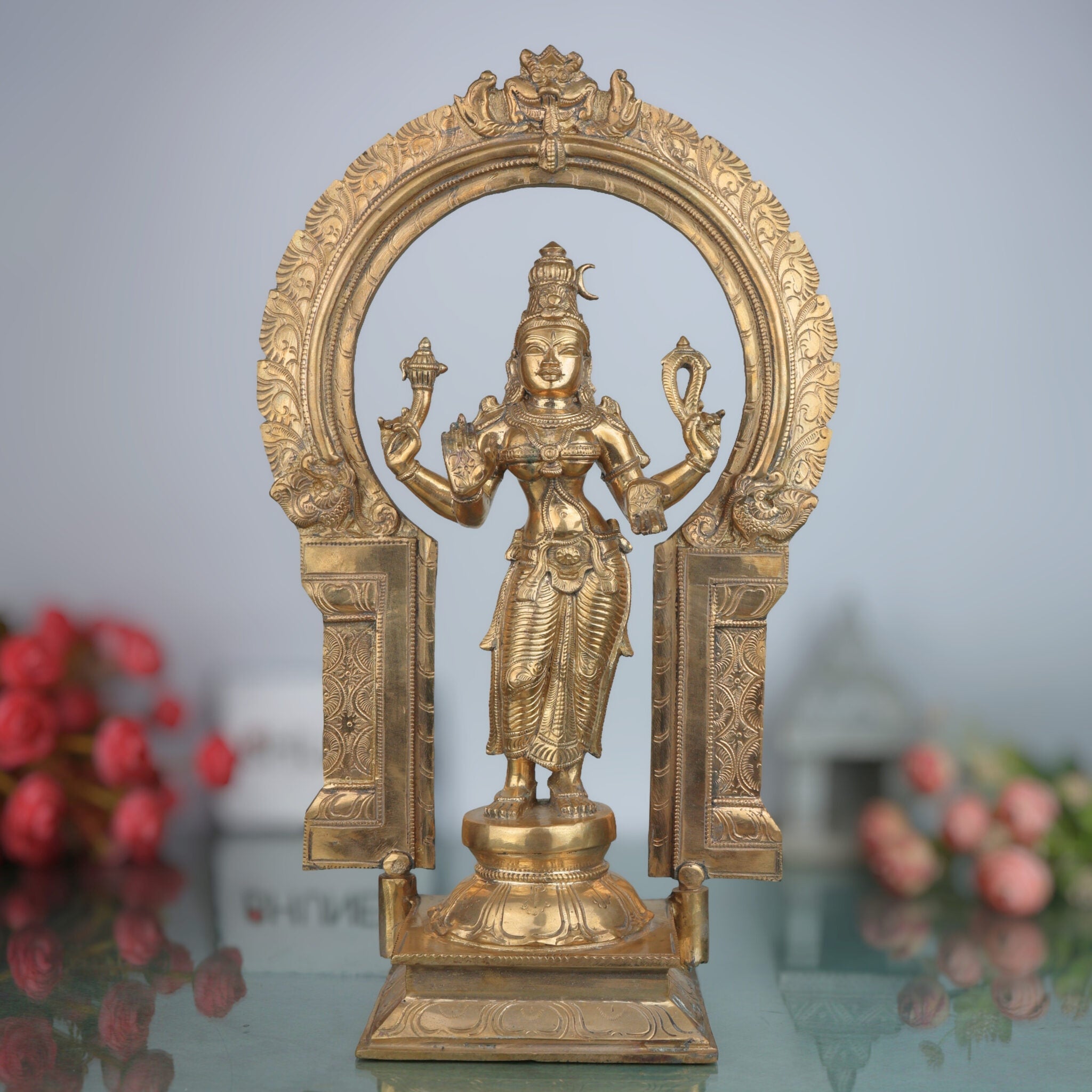 Handcrafted Bronze Bhuvaneshwari Idol | Panchaloha Adi Shakti Murti of Rajarajeshwari, Tripura Sundari, Lalita Devi | South Indian Chola Art Sculpture,Gold, 17.5 Inch, 1 Piece