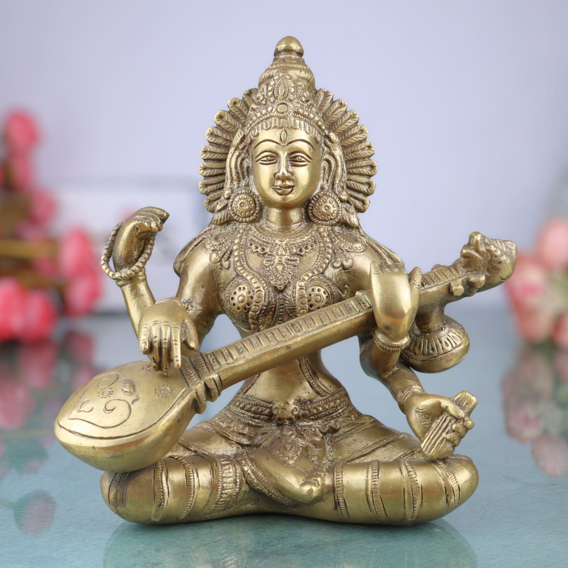 Brass Saraswati Idol, Peetal Vagdevi Sharada Devi Murti, Handmade Bharati Vani Statue for Pooja, Home & Temple Decor,Gold, 8.5 Inch, 1 Piece