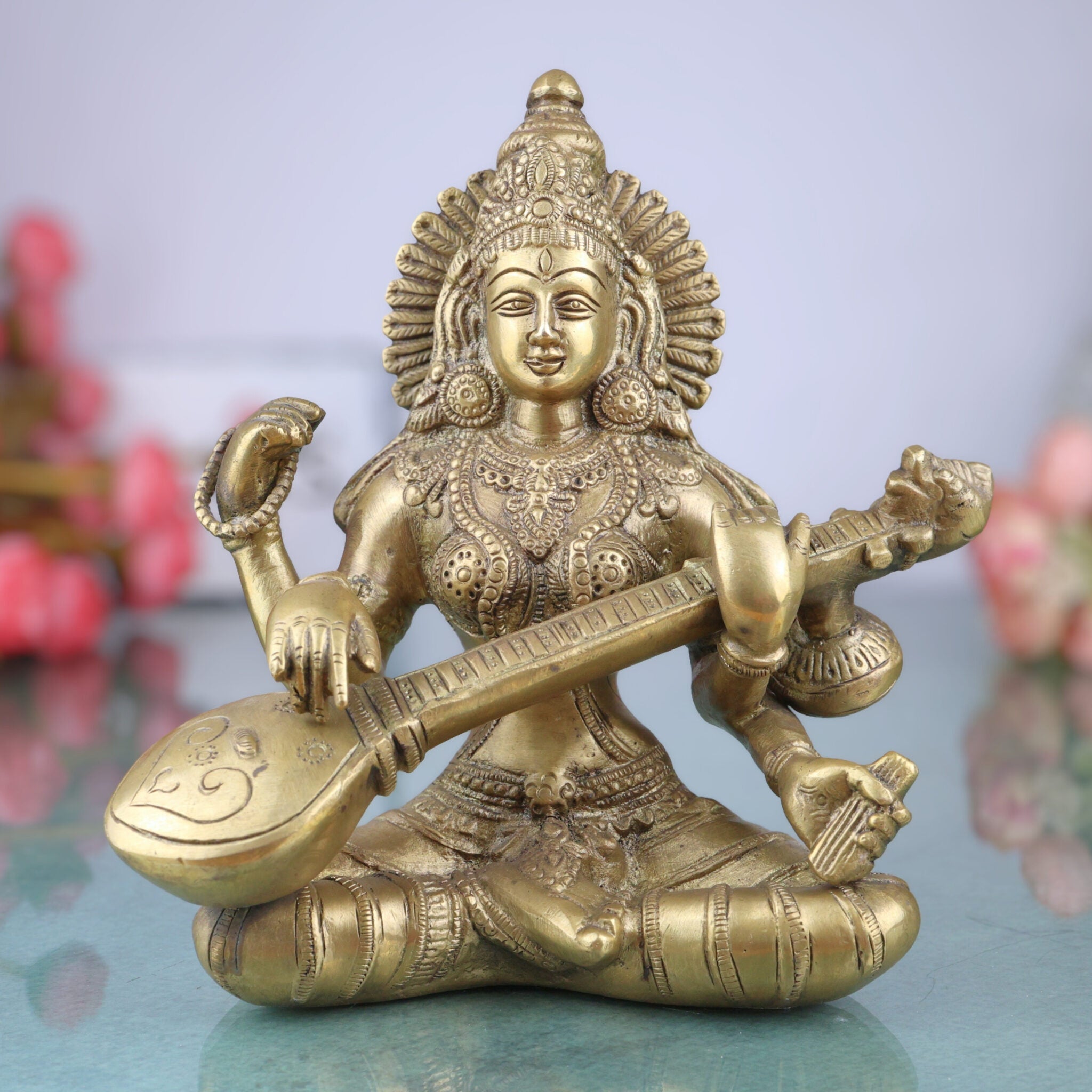 Brass Saraswati Idol, Peetal Vagdevi Sharada Devi Murti, Handmade Bharati Vani Statue for Pooja, Home & Temple Decor,Gold, 8.5 Inch, 1 Piece