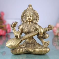 Brass Saraswati Idol, Peetal Vagdevi Sharada Devi Murti, Handmade Bharati Vani Statue for Pooja, Home & Temple Decor,Gold, 8.5 Inch, 1 Piece