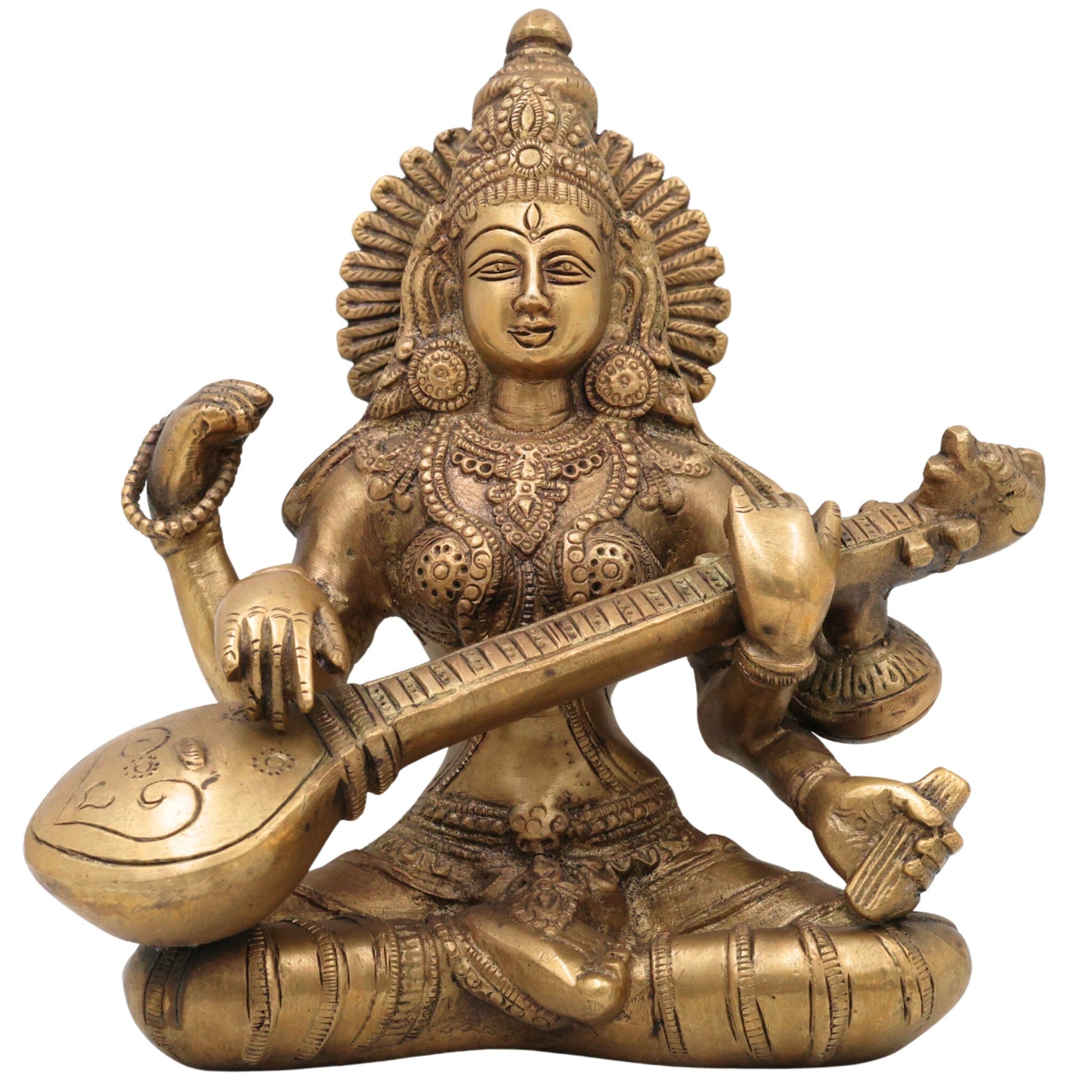 Brass Saraswati Idol, Peetal Vagdevi Sharada Devi Murti, Handmade Bharati Vani Statue for Pooja, Home & Temple Decor,Gold, 8.5 Inch, 1 Piece