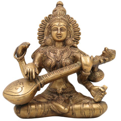 Brass Saraswati Idol, Peetal Vagdevi Sharada Devi Murti, Handmade Bharati Vani Statue for Pooja, Home & Temple Decor,Gold, 8.5 Inch, 1 Piece