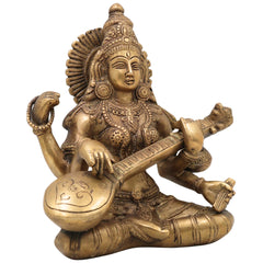 Brass Saraswati Idol, Peetal Vagdevi Sharada Devi Murti, Handmade Bharati Vani Statue for Pooja, Home & Temple Decor,Gold, 8.5 Inch, 1 Piece
