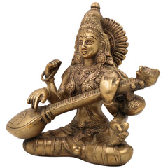 Brass Saraswati Idol, Peetal Vagdevi Sharada Devi Murti, Handmade Bharati Vani Statue for Pooja, Home & Temple Decor,Gold, 8.5 Inch, 1 Piece