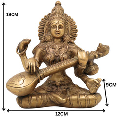 Brass Saraswati Idol, Peetal Vagdevi Sharada Devi Murti, Handmade Bharati Vani Statue for Pooja, Home & Temple Decor,Gold, 8.5 Inch, 1 Piece