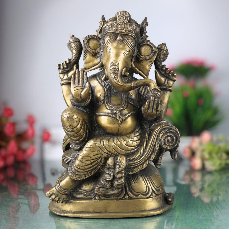 Handcrafted Brass Ganesha Ganpati Idol | Vinayaka Siddhivinayak Vighnaharta Murti for Pooja Room, Temple, Home Decor & Gifting, Brown, 13.5 Inch