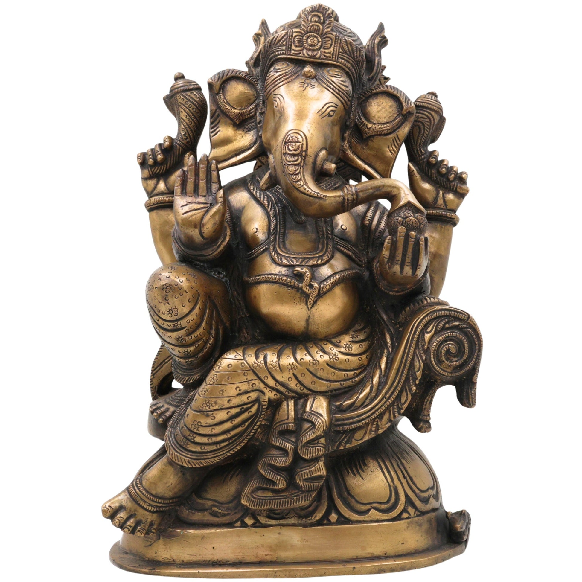 Handcrafted Brass Ganesha Ganpati Idol | Vinayaka Siddhivinayak Vighnaharta Murti for Pooja Room, Temple, Home Decor & Gifting, Brown, 13.5 Inch