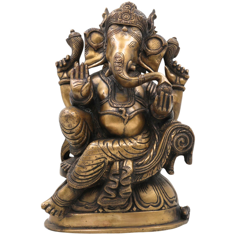 Handcrafted Brass Ganesha Ganpati Idol | Vinayaka Siddhivinayak Vighnaharta Murti for Pooja Room, Temple, Home Decor & Gifting, Brown, 13.5 Inch